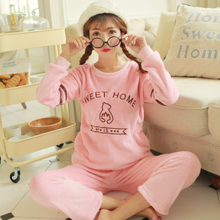 韩版秋冬季都是珊瑚绒睡衣女卡通丽人少女粉色法兰绒厚家居服套装