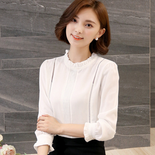 2016秋季韩版女装修身显瘦大码立领长袖雪纺衫打底白衬衫女衬衣潮