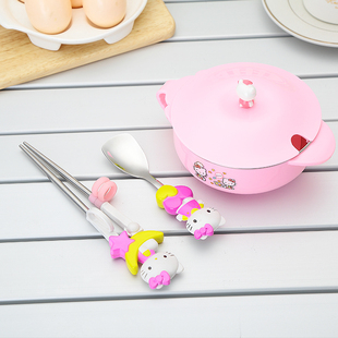 新款凯蒂猫Hello Kitty餐具套装儿童碗宝宝辅食不锈钢饭碗练习筷