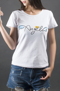 angel新款原创夏装韩国白色印花T恤圆领印字母短袖T恤女修身显瘦