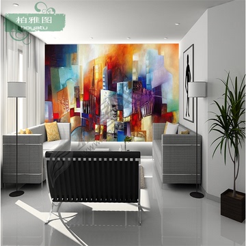 现代简欧3d立体抽象艺术油画电视背景墙壁纸    客厅沙发大型壁画