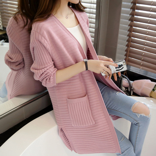 时尚韩版宽松纯色中长款长袖外套披肩秋季新品针织衫开衫毛衣女潮