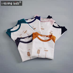 l qtiang kdis 童装 秋季新款韩版 男女儿童拼色插肩卡通印花长袖