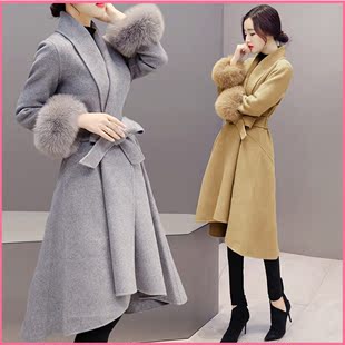 韩版呢子大衣欧洲站2016狐狸毛皮草修身显瘦中长款羊毛呢子外套女