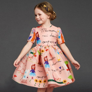 新款韩版六一礼物夏女童装卡通短袖圆领涂鸦百褶公主连衣裙2-7岁