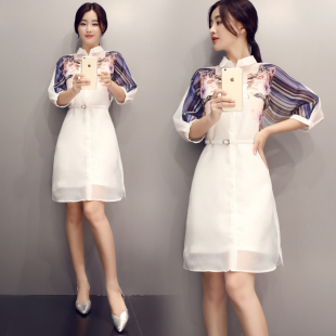 xcc2016新款女装中袖女韩版修身高腰翻领印花欧根纱连衣裙衬衫裙