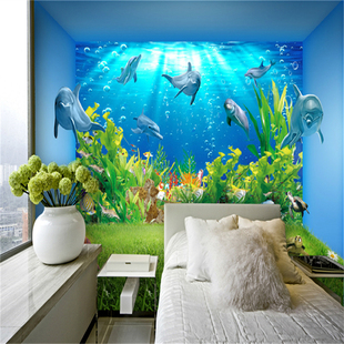 大型壁画3D空间拓展儿童房海底世界海豚墙纸壁画卧室背景墙壁纸