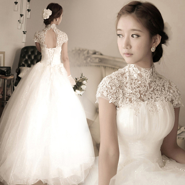 钻石蕾丝韩式公主新娘绑带一字肩婚纱礼服2016春季新款批发价3267