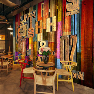 个性创意字母木纹大型壁画工作室咖啡厅酒吧主题工程包间壁纸墙纸