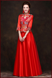 中式七分袖新娘敬酒服 旗袍 结婚礼服 红色修身长款 中国红