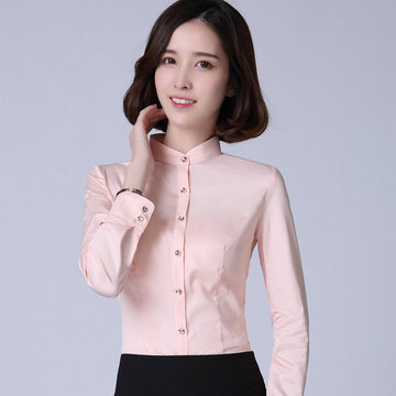 立领衬衫女长袖大码职业工作服工装纯棉正装学生打底粉红色衬衣潮