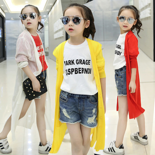 2016女童新款夏装街头韩版长款针织开衫女孩防晒服户外时尚空调衫