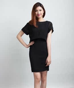 2016夏季女装新款韩版修身裙子中长款显瘦短袖雪纺裙连衣裙2件套