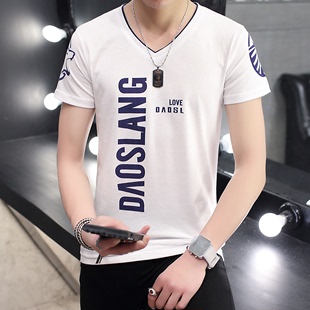 2016夏季短袖T恤印花男士V领韩版修身款学生年轻流行打底字母纯色