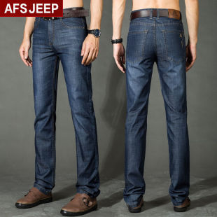夏季薄款AFS jeep男士牛仔直筒男裤深蓝色男宽松大码男装长裤子