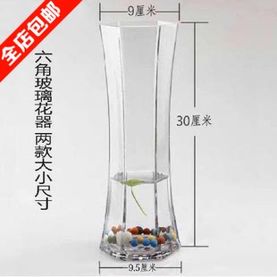 富贵竹花瓶 水培植物六角玻璃花瓶花盆 假花插花器透明玻璃长花瓶