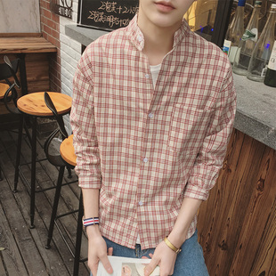 韩版青少年春装新款男士修身格子衬衫学生文艺小清新衬衣外套男潮