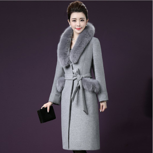 2016冬季新款系带收腰显瘦呢子大衣狐狸毛领中长款高贵羊毛呢外套