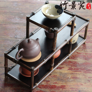 三层竹制茶棚 茶具收纳 茶道茶杯架 紫竹席面茶具展示架博古架