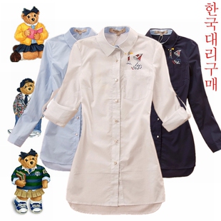 16韩国代购高档品牌小熊少女秋装中长款修身翻领全棉两穿长袖衬衫