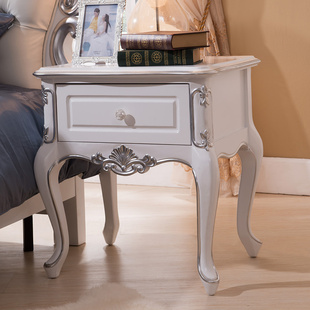 欧式床头柜 实木家具 新古典 简约白色描银床头柜 特价三包到家