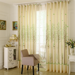 布兰达韩式田园窗帘清新小树绿色粉色亚麻遮光窗帘卧室客厅窗帘布