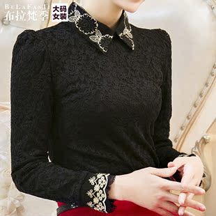 大码胖妹妹秋装蕾丝衬衫2016新款韩版时尚气质长袖打底衫显瘦上衣