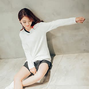 2016韩新款彩条打底撞色V领时尚修身学生长袖上衣套头毛衣针织女
