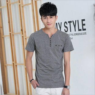 男士短袖T恤夏季纯色韩版修身T恤衫青少年V领短袖上衣hZCxc2