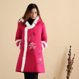 2015年冬季民族风女装中国风中长款绣花兔毛连帽棉衣棉服中式棉袄