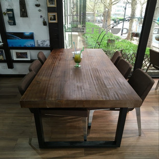 美式复古做旧工作会议桌简约铁艺实木咖啡长条桌现代创意办公桌椅