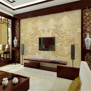 大型壁画3D中式二龙戏珠浮雕龙纹墙纸壁画酒店宾馆茶楼背景墙壁纸