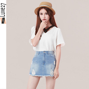 2016夏季新款时尚女装韩版t恤女V领纯色修身百搭短袖女士上衣