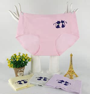 3件包邮茵雅祺女士三角中腰内裤有机棉贴合无痕卡通猫印花透气