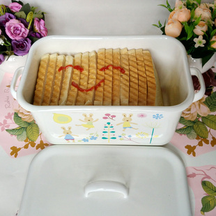 瑕疵砂糖兔搪瓷珐琅3.5L食物收纳盒面包盒吐司盒零食盒饼干盒包邮