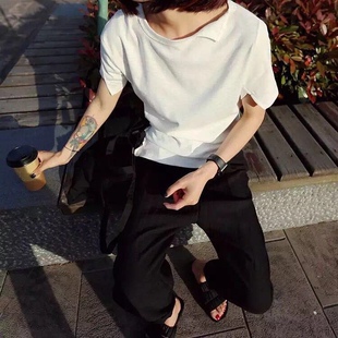 韩国东大门新款纯白色T恤女不规则剪裁时尚休闲百搭圆领短袖上衣