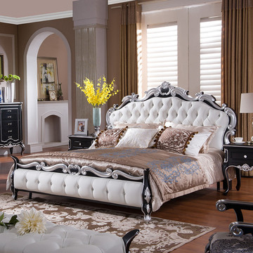 奢华新古典欧式双人1.5 m1.8米法式公主雕花皮艺卧室婚床实木家具