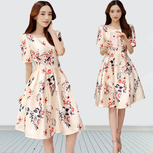 2016夏季新款韩版修身中长款小清新收腰显瘦印花短袖连衣裙A字裙