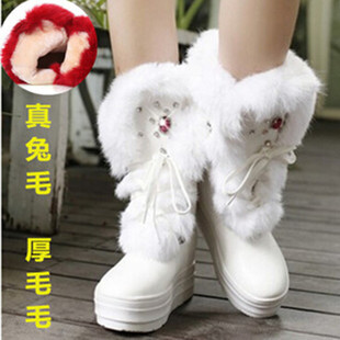冬白色兔毛水钻系带棉鞋松糕厚底内增高平底中筒雪地靴中跟女靴子