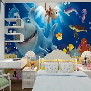 大型可爱儿童房卡通动画墙纸壁画卧室海底世界海洋鱼背景墙壁纸