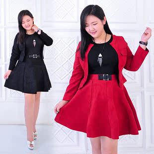 胖妹妹加肥加大码女装两件套胖mm秋装2016韩版显瘦上衣连衣裙套装