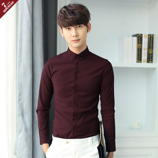 刺绣男衬衣秋季酒红色衬衫男长袖修身型韩版学生英伦潮流夜店寸衫
