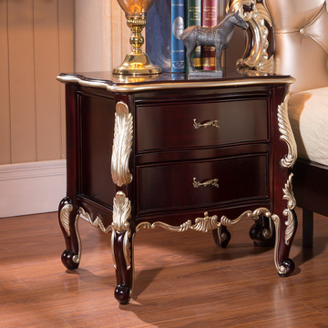 欧式床头柜 酒红色美式古典家具 法式 实木描金 简约床头柜子