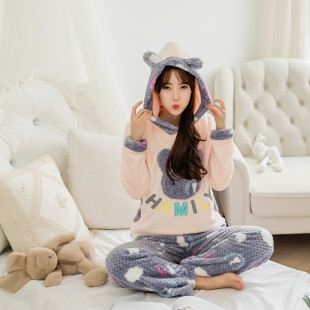 韩版都是珊瑚绒睡衣女冬季带帽卡通甜美丽人加厚水貂绒家居服套装