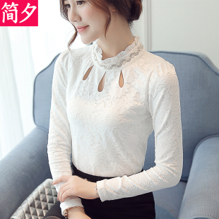2016秋季新款韩版修身显瘦立领镶钻长袖蕾丝衫上衣女士秋装打底衫
