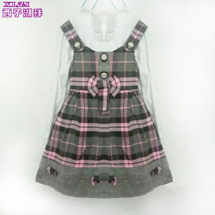女童春秋装背带裙两件套韩版中小童格子连衣裙新款两件套特价包邮