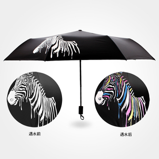 创意折叠遇水变色斑马太阳伞黑胶遮阳防晒伞女防紫外线晴雨伞