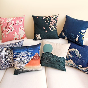 日本樱花和风日式兔子富士山冲绳榻榻米棉麻沙发靠垫抱枕靠枕